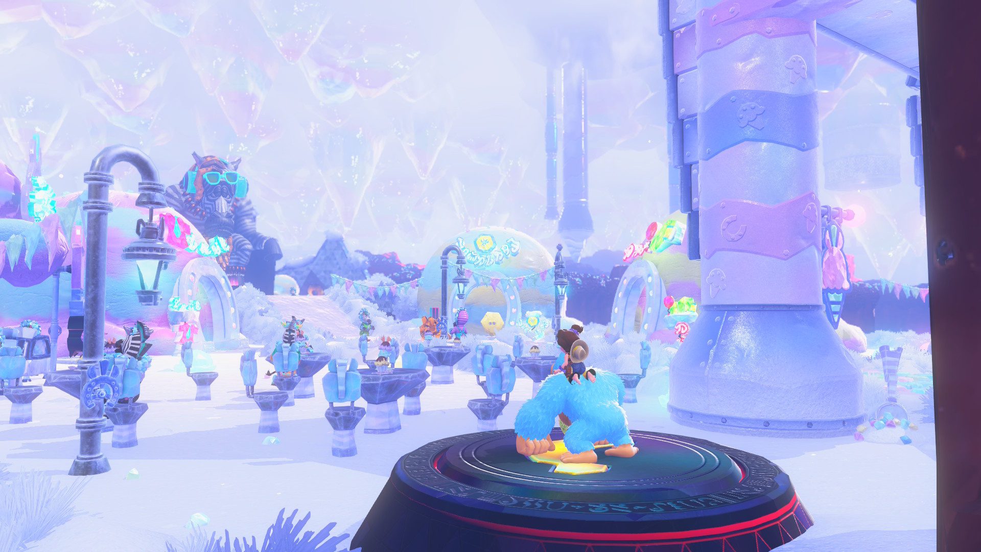 DK in Donkey Kong Bananza looking across the Freezer Layer with the Zebra Elder in the distance
