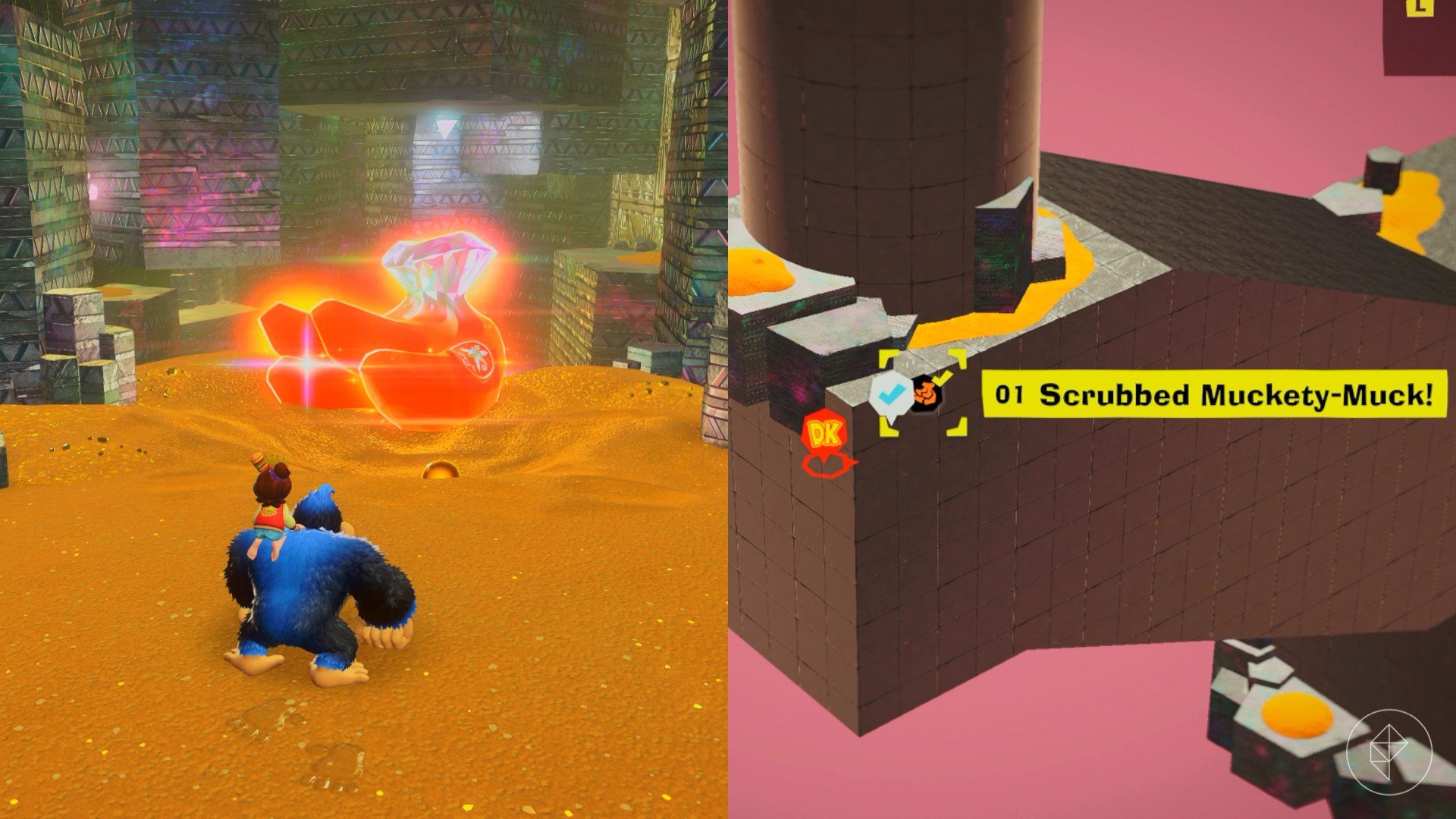 Donkey Kong looking at a large bunch of red banana gems on a pile of sand in Donkey Kong Bananza.