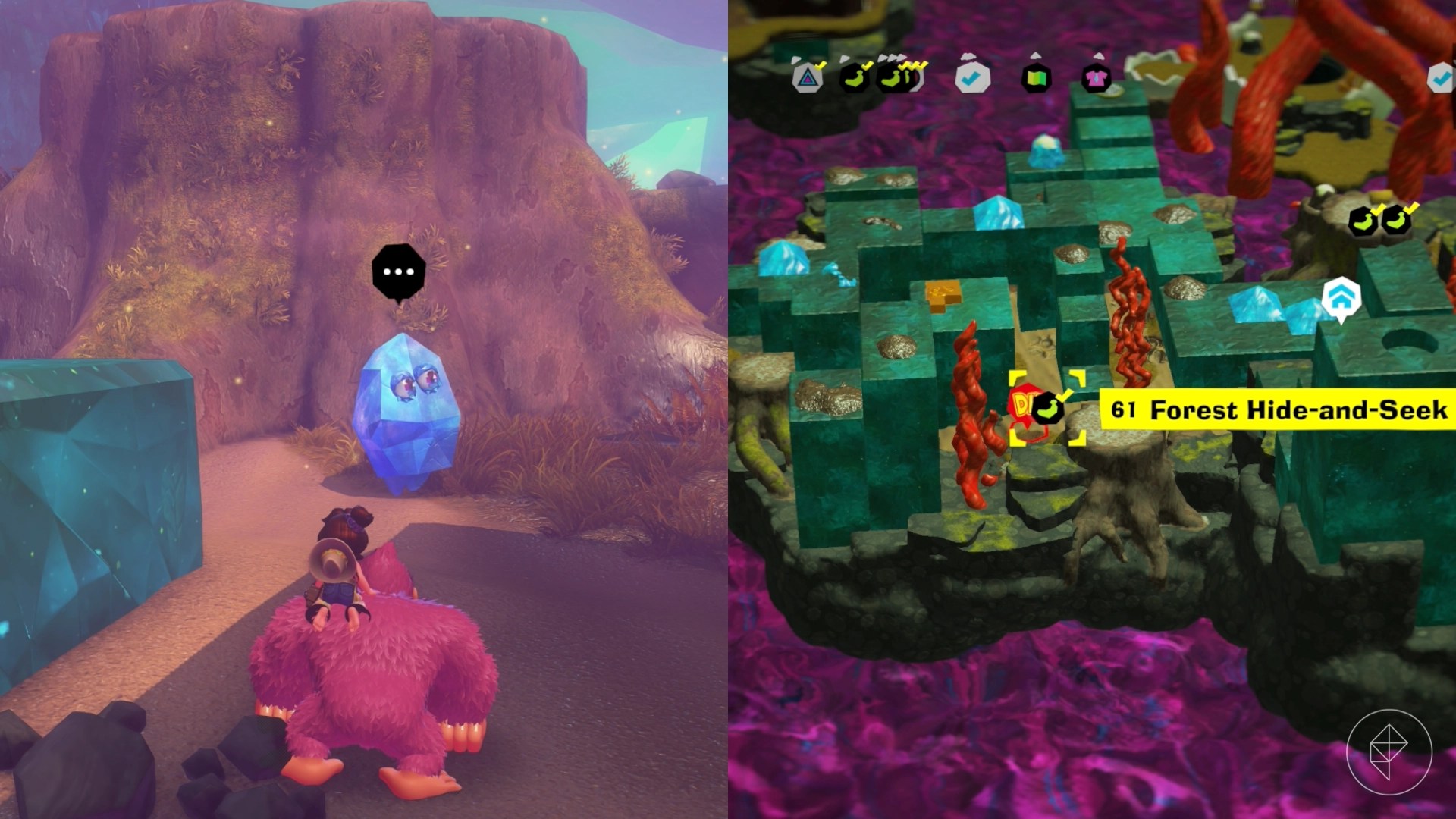 Pink Donkey Kong standing in front of a crystal beside a large tree stump in Donkey Kong Bananza.