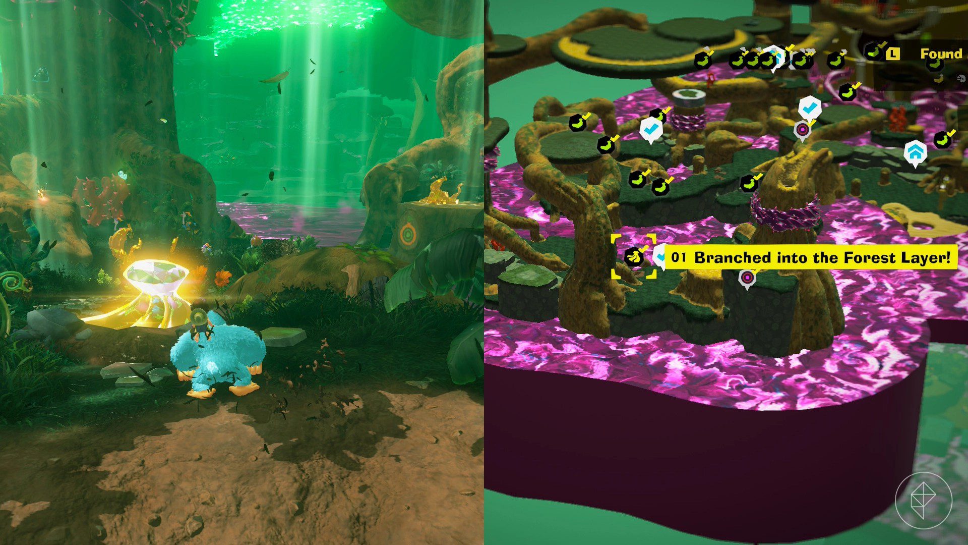 Blue Donkey Kong standing in front of a bunch of golden bananas that are half in the ground in Donkey Kong Bananza.