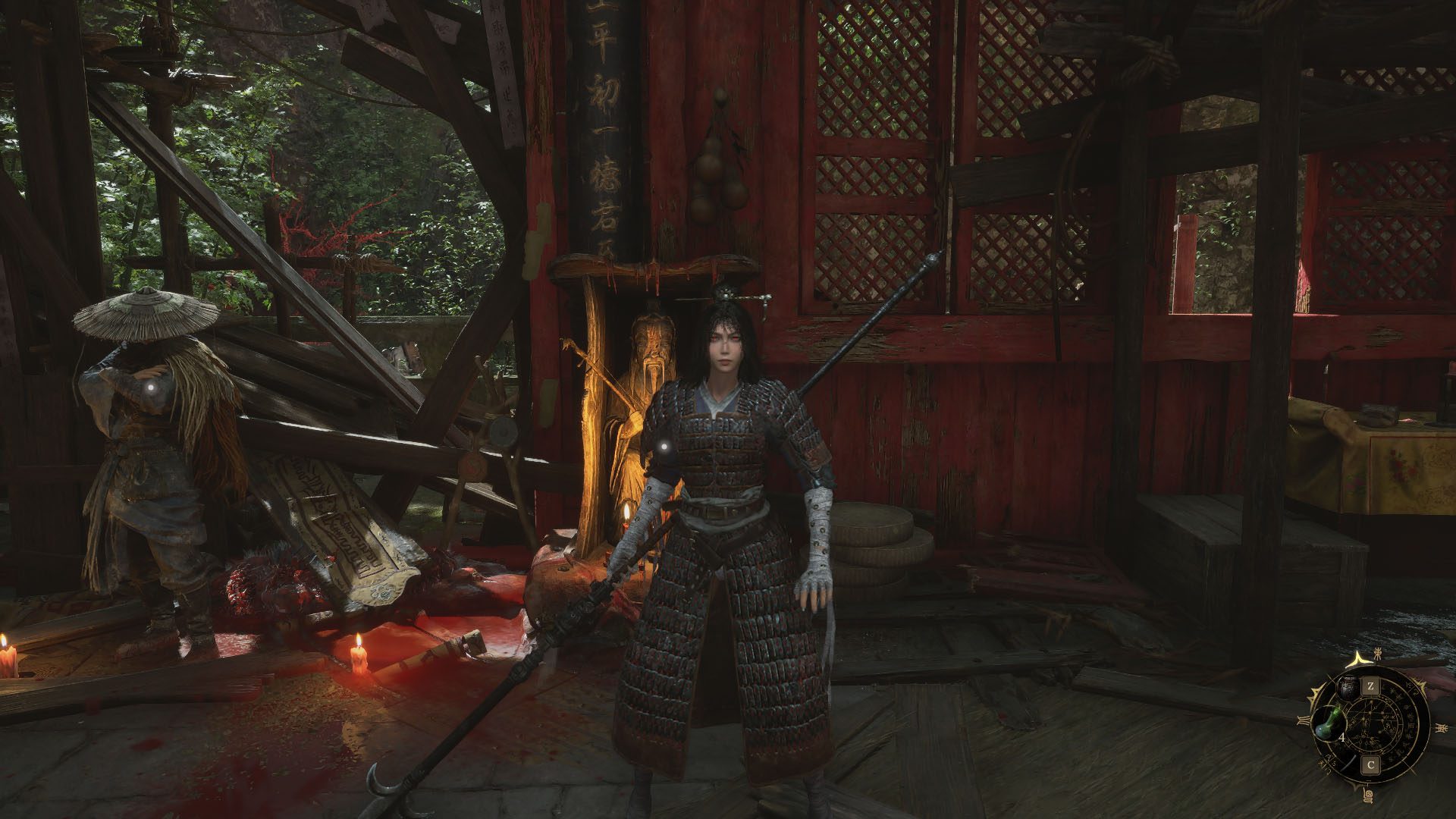 A Wuchang: Fallen Feathers screenshot showing the main character, Wuchang, facing the camera with red glowing eyes. She is beside a shrine.