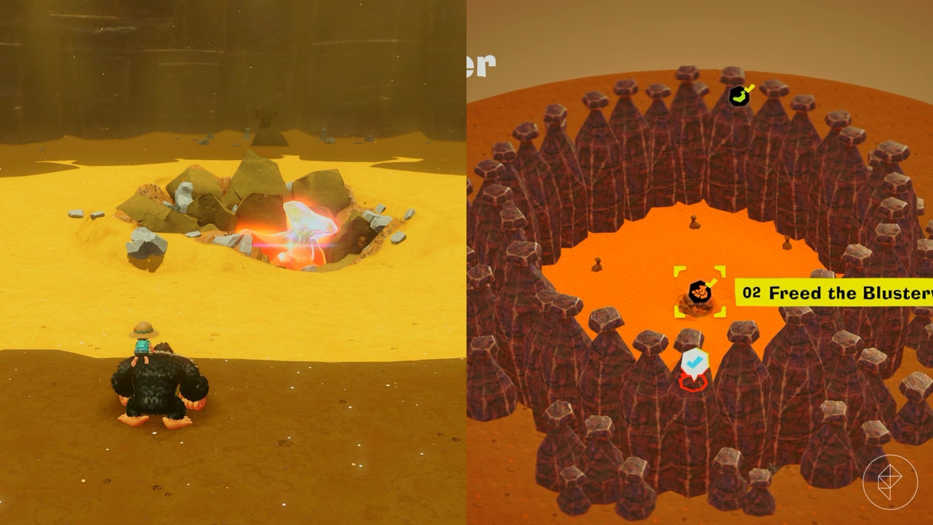 Donkey Kong standing in front of a bunch of golden bananas in a pit of dirt in Donkey Kong Bananza.