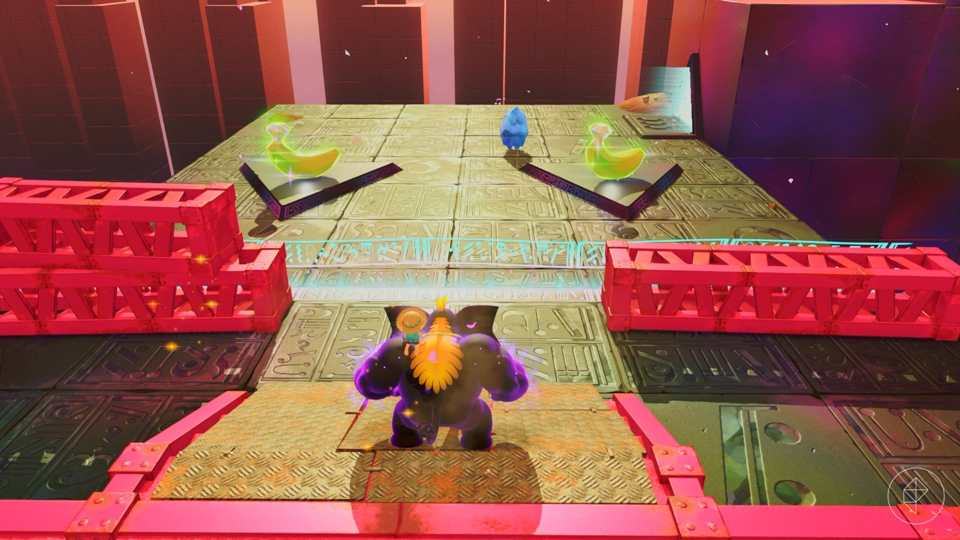 Donkey Kong in his elephant form looking at two golden bananas on a metal platform.