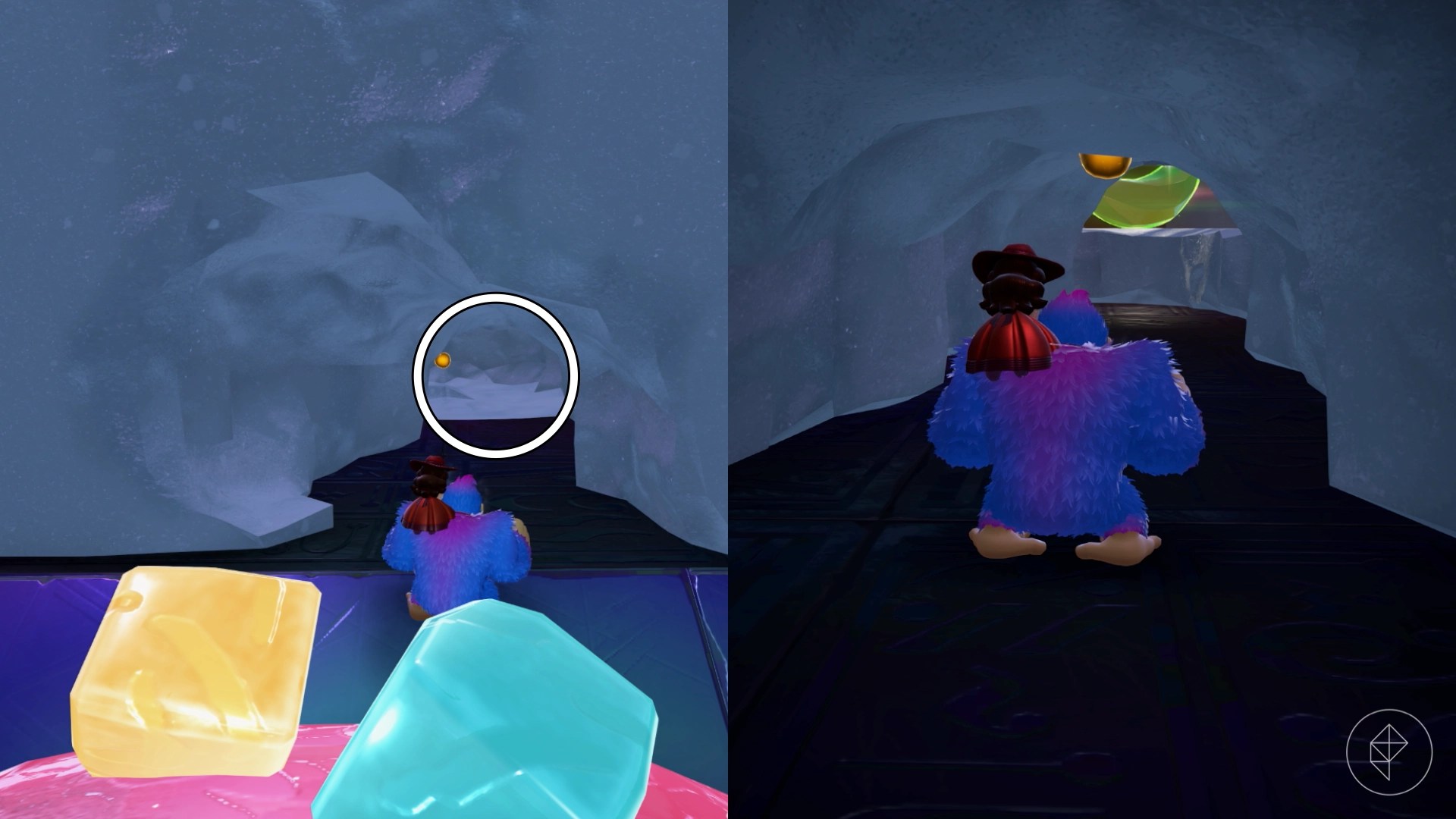 Donkey Kong standing in front of a small hole in a snow wall and a golden banana.