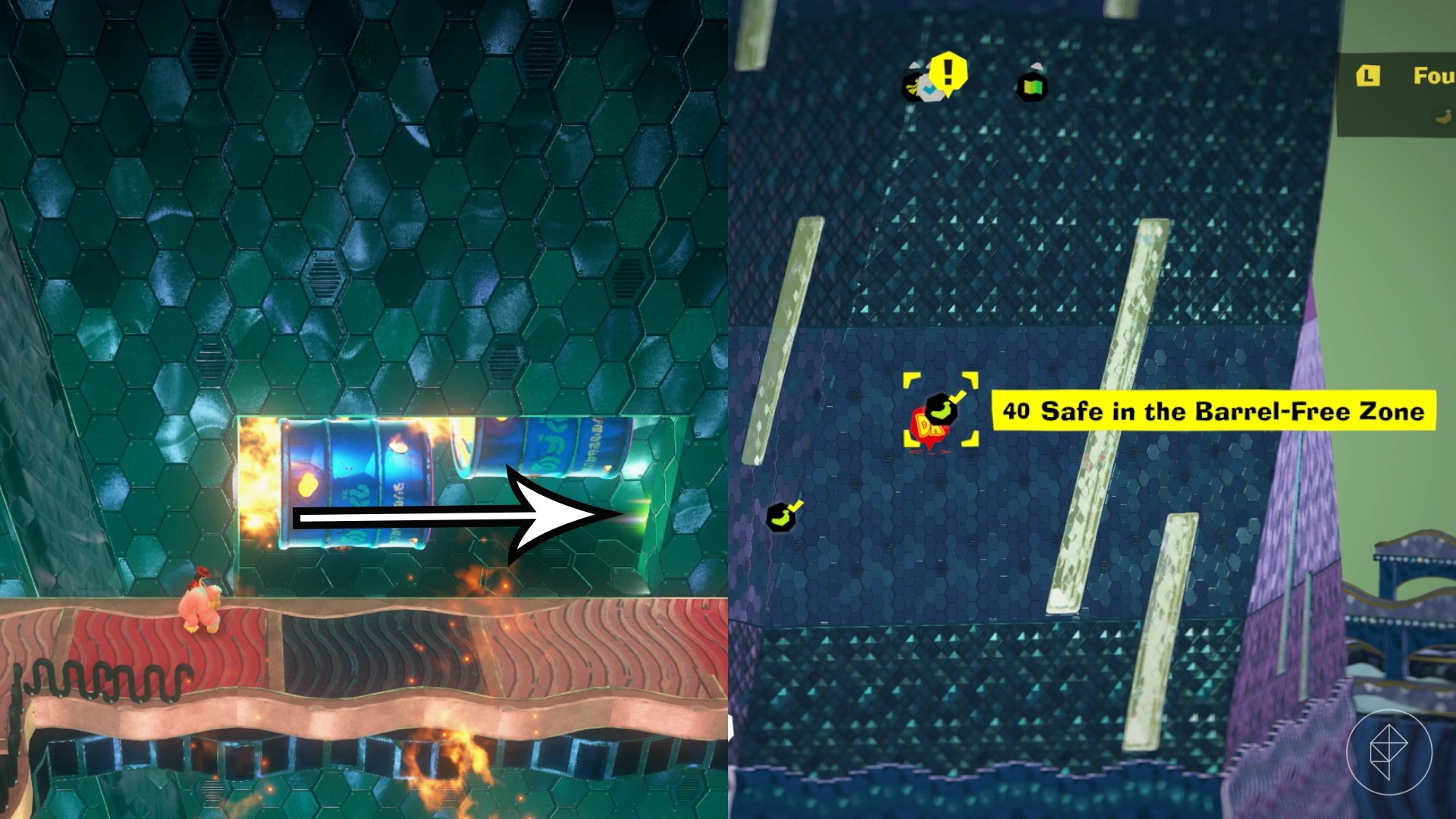 An arrow points behind the wall, where you can see a faint yellow glow from a banana in Donkey Kong Bananza.