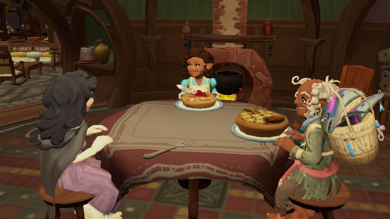 Three Hobbits sit around a table with various dishes on it.