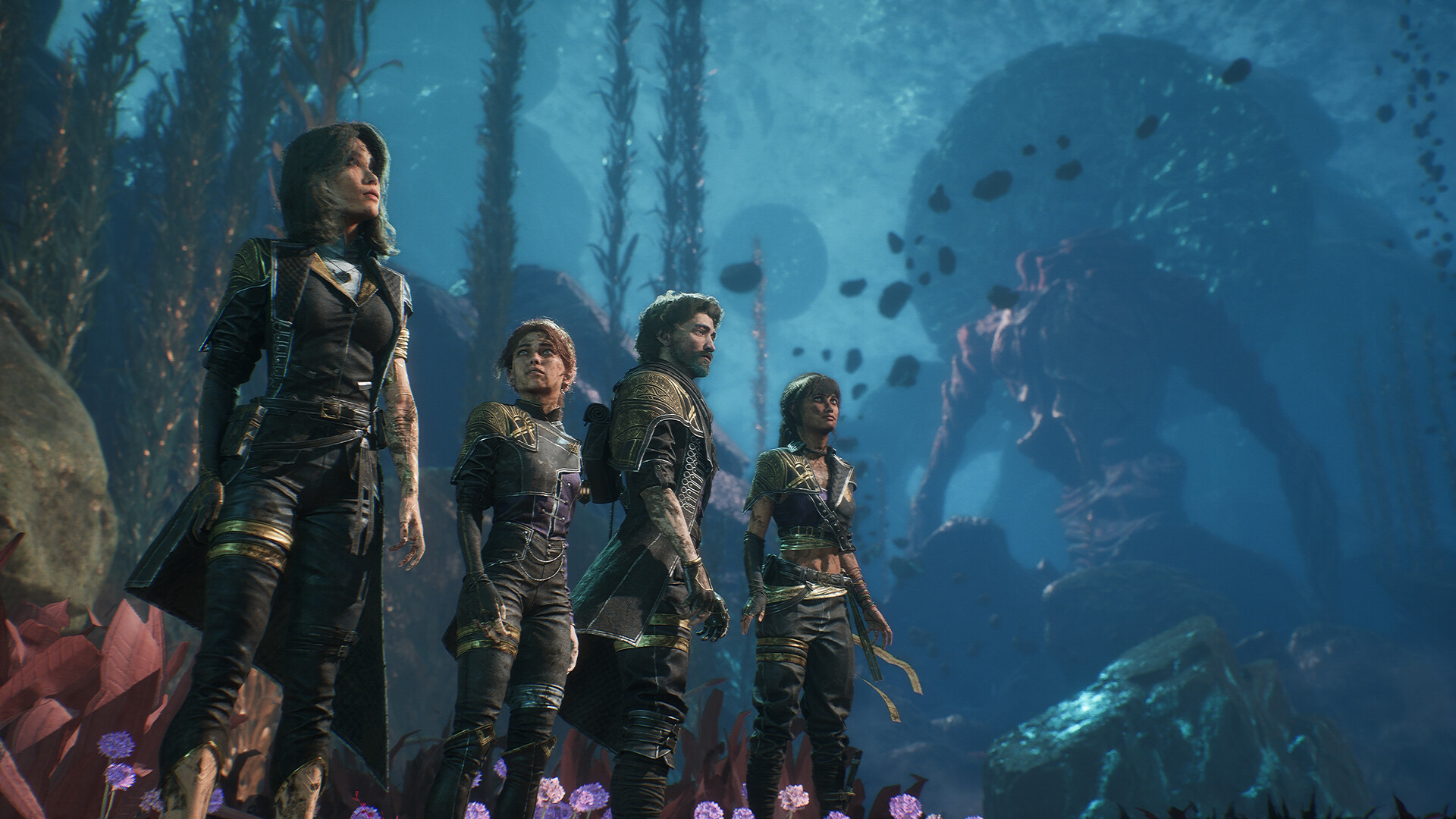 Four members of Expedition 33 from the video game Clair Obscur, standing together in a forest looking solemn. They are all wearing black and gold uniforms and armor