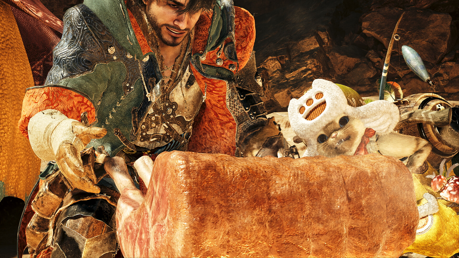 A hunter and his Palico gaze at a slab of broiling meat in a screenshot from Monster Hunter: Wilds