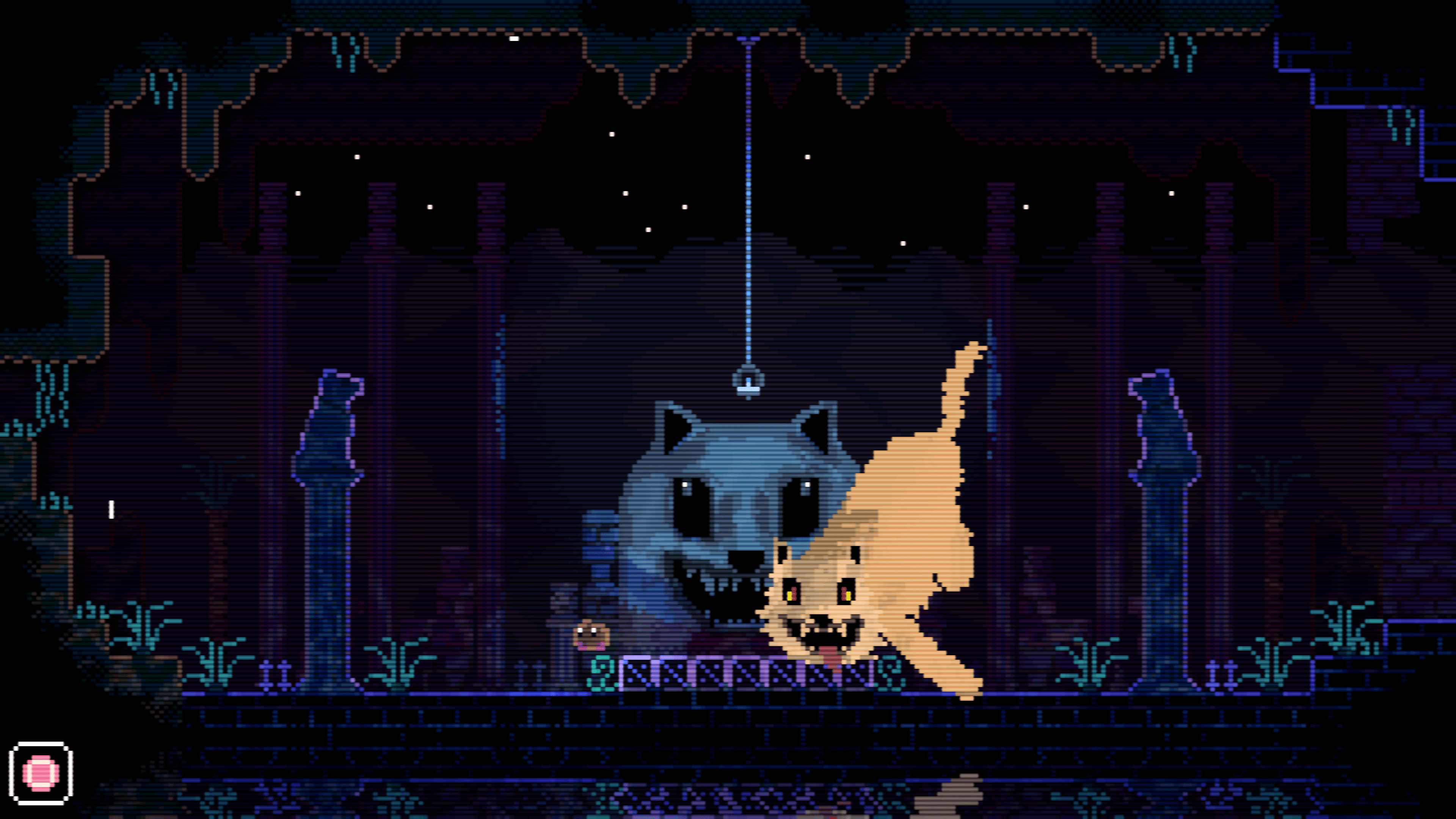 A pixelated screenshot from the game Animal Well, featuring a ghostly cat appearing on the map.
